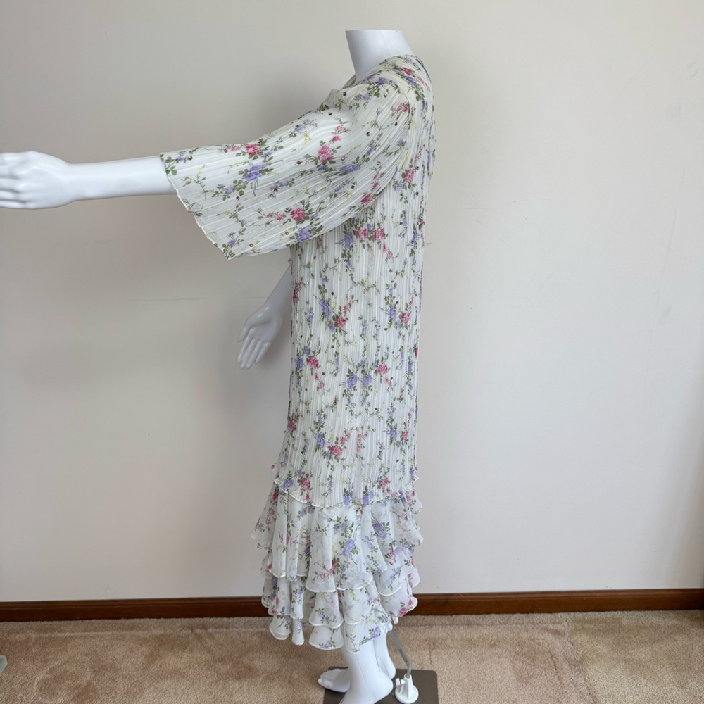Judy Hornby I.Magnin Silk Floral Pleated Tiered Ruffle Dress 80s Art Deco Sz 14 - Picture 6 of 17